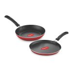 cookware gift set, includes nonstick flat tawa, nonstick fry pan, kitchen tool set, kadai with glass lid, 8 pieces non induction base kitchen set red