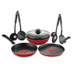 cookware gift set, includes nonstick flat tawa, nonstick fry pan, kitchen tool set, kadai with glass lid, 8 pieces non induction base kitchen set red