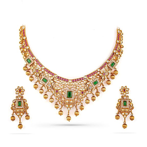 rubans 22k gold plated emerald & ruby pink cubic zirconia studded necklace set with pearl beads for women & girls, perfect for weddings & festive wear rubans 22k gold plated emerald & ruby pink cubic zirconia studded necklace set with pearl beads for women & girls, perfect for weddings & festive wear