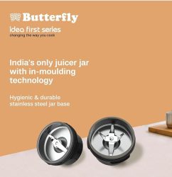 butterfly pestle pro blend mixer grinder | smoothie maker with 2 tinted inward locking jars | inbuilt ss base | 2 leaf & 4 leaf blades | easy sip & store lids | 400w