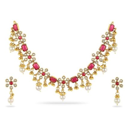 rubans 22kt gold plated ruby/emerald studded & white pearl/cz beaded necklace set for women & girls – festive & wedding