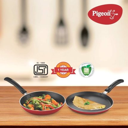 pigeon aluminium nonstick duo pack flat tawa 250 and fry pan 200 gift set (red)