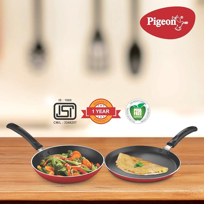 pigeon aluminium nonstick duo pack flat tawa 250 and fry pan 200 gift set (red)