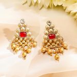 rubans 24k gold plated stylish handcrafted ruby, white stone studded & gold beaded traditional set with earrings for women & girls, ideal for any festive & wedding occasions