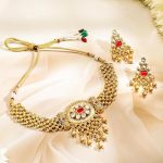 rubans 24k gold plated stylish handcrafted ruby, white stone studded & gold beaded traditional set with earrings for women & girls, ideal for any festive & wedding occasions