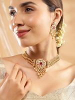 rubans 24k gold plated stylish handcrafted ruby, white stone studded & gold beaded traditional set with earrings for women & girls, ideal for any festive & wedding occasions