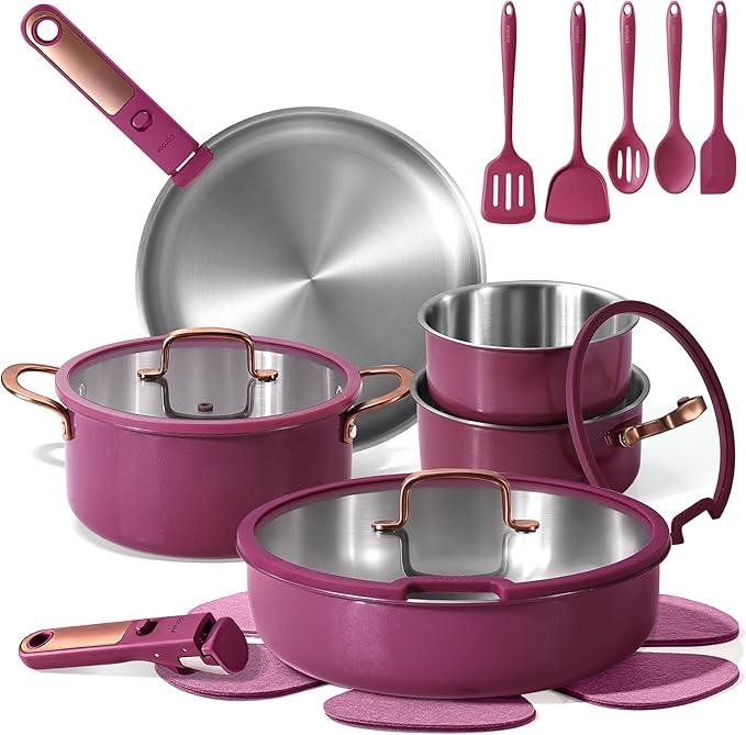 carote 19pcs tri ply stainless steel cookware set with detachable handle, pots and pans set, induction kitchen cooking sets, rv/camping cookware, outer ceramic layer, oven safe, violet purple