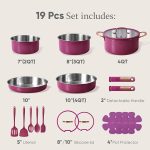 carote 19pcs tri ply stainless steel cookware set with detachable handle, pots and pans set, induction kitchen cooking sets, rv/camping cookware, outer ceramic layer, oven safe, violet purple
