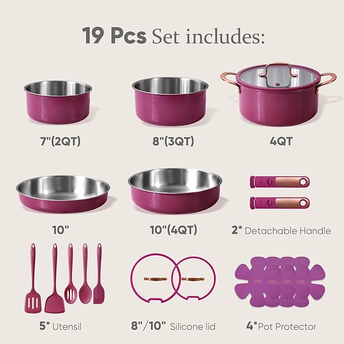 carote 19pcs tri ply stainless steel cookware set with detachable handle, pots and pans set, induction kitchen cooking sets, rv/camping cookware, outer ceramic layer, oven safe, violet purple