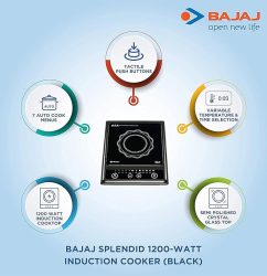 bajaj splendid 1200 watt induction cooktop | 7 auto cook menus | tactile push buttons | variable temperature & time selection | semi polished crystal glass | 1 yr warranty 【black】