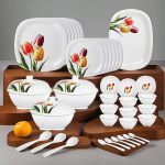 thermador melamine 40 pcs floral dinner set|crockery set|dishwasher safe|6 dinner plate 6 small plate|1 serving tray|3 big serving bowls with lid|12 small bowl |6 spoon|3 serving spoon|white