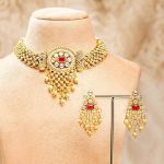 rubans 24k gold plated stylish handcrafted ruby, white stone studded & gold beaded traditional set with earrings for women & girls, ideal for any festive & wedding occasions