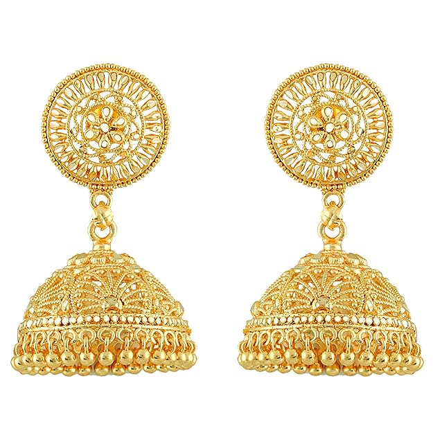 meenaz jhumka earrings for women's girls traditional temple jewellery 18k one gram gold ethnic copper brass metal handcrafted south indian meenakari screw back studs jhumkas gold jhumki m115