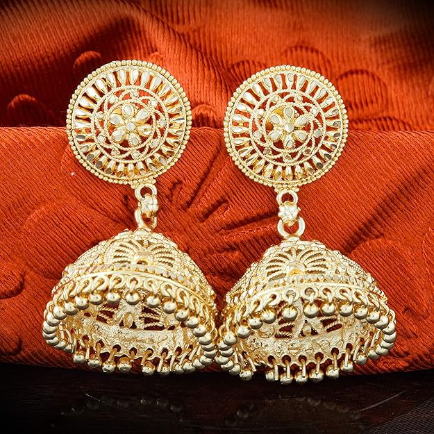 meenaz jhumka earrings for women's girls traditional temple jewellery 18k one gram gold ethnic copper brass metal handcrafted south indian meenakari screw back studs jhumkas gold jhumki m115