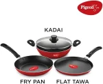 cookware gift set, includes nonstick flat tawa, nonstick fry pan, kitchen tool set, kadai with glass lid, 8 pieces non induction base kitchen set red